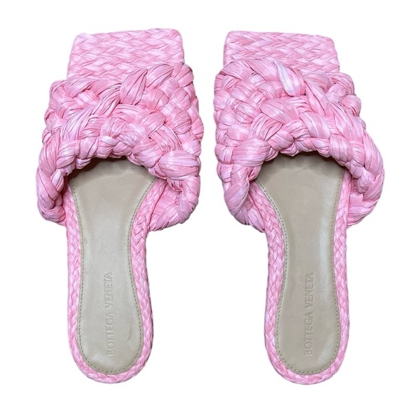 Bottega Veneta Shoes - Bottega Veneta Pink Raffia Stretch Flat Sandals in Blossom Size 36 / US 6